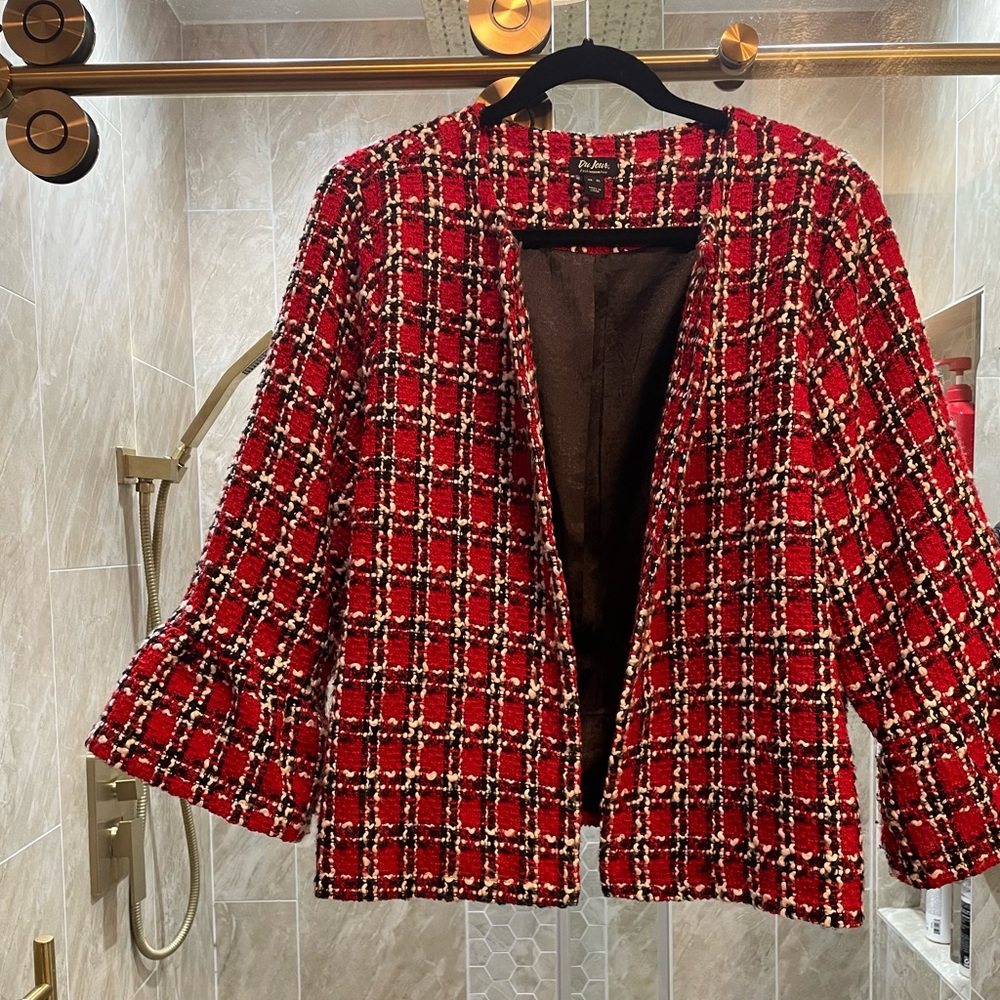 DuJour Red Black Flutter Bell Sleeve Drape Blazer